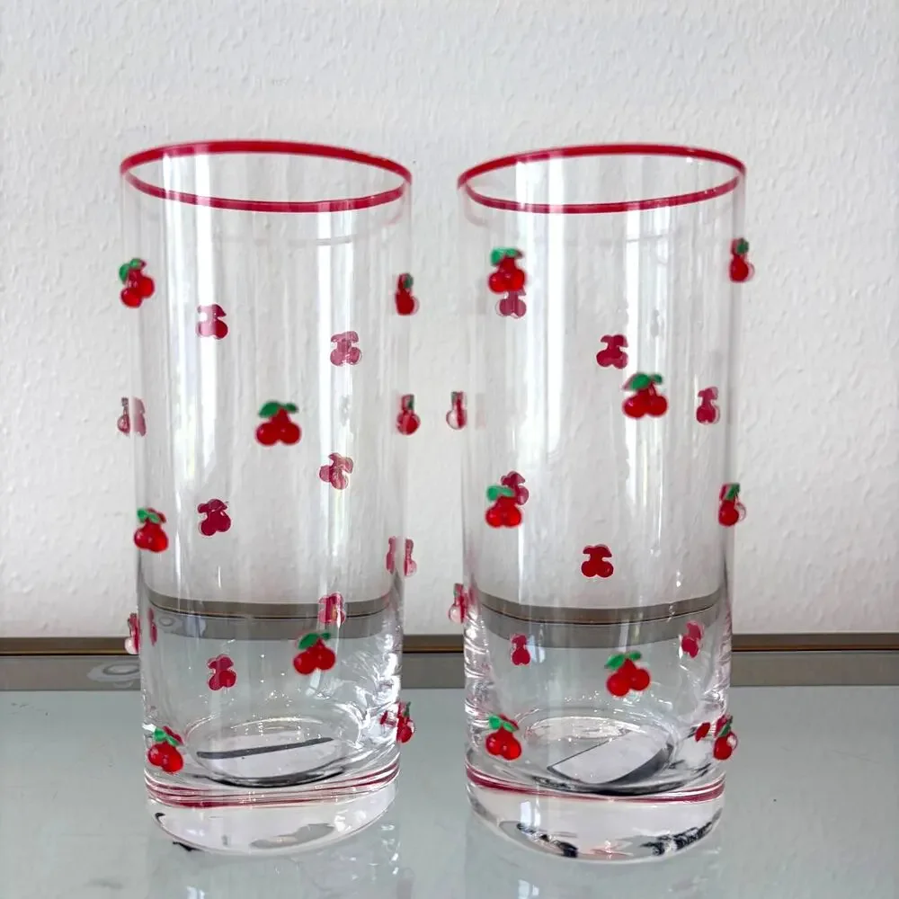 Red Cherry Icon Highball Glass Set of 2 Chic Drinkware 6in NEW